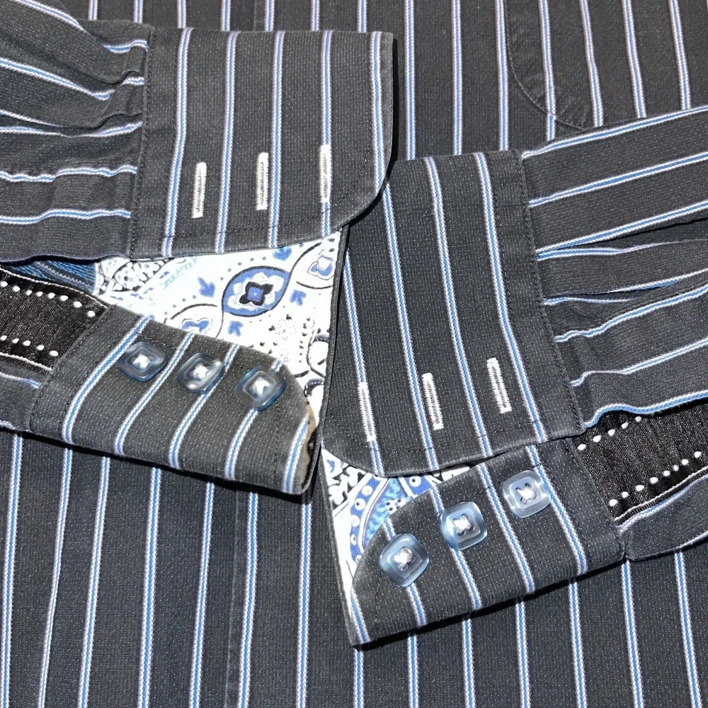 Luchiano Visconti Men's XL Blue Striped French Cuff Dress Shirt Cotton